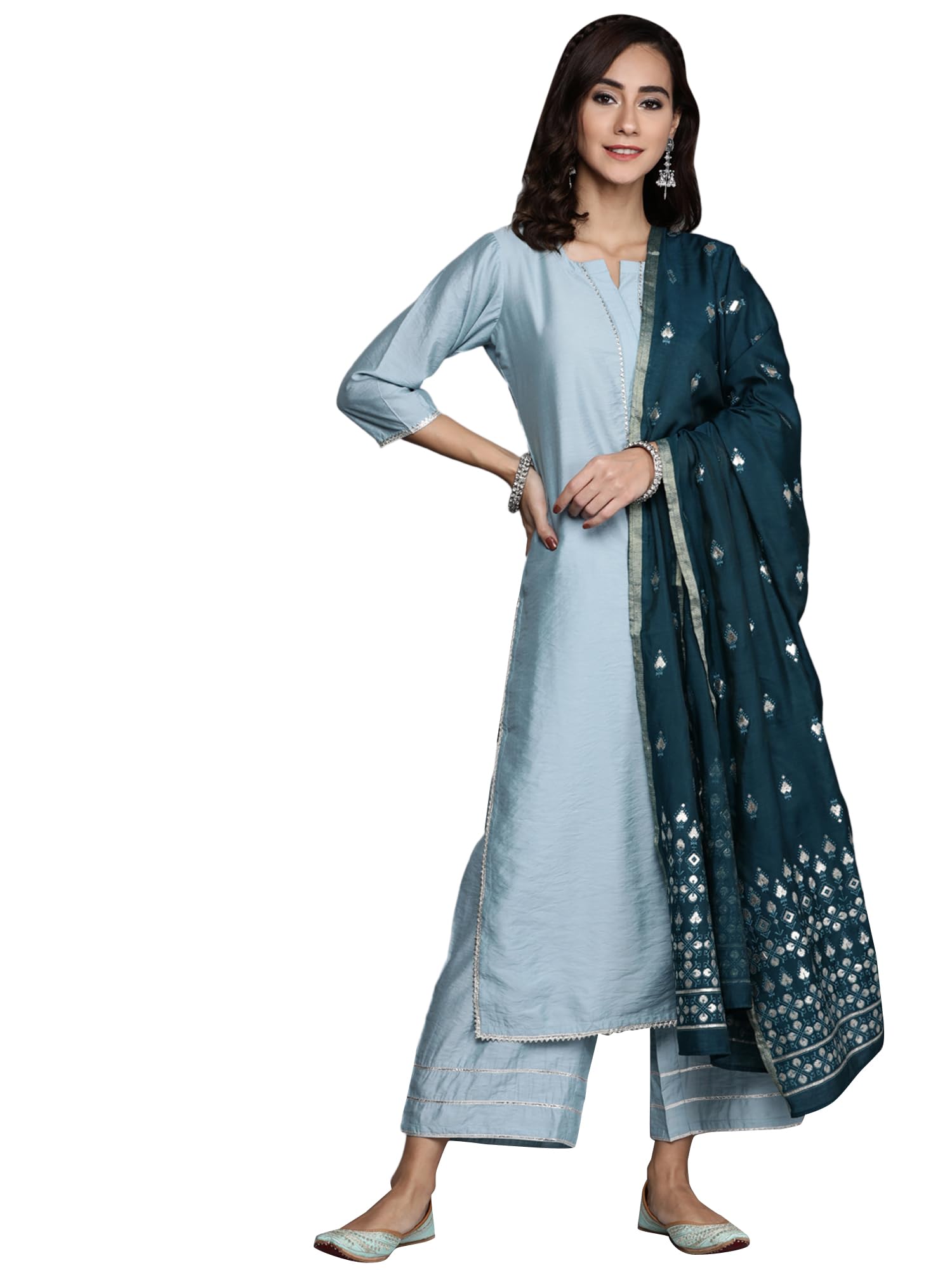 Women's Solid Chanderi Silk Straight Kurta With Palazzos & Dupatta