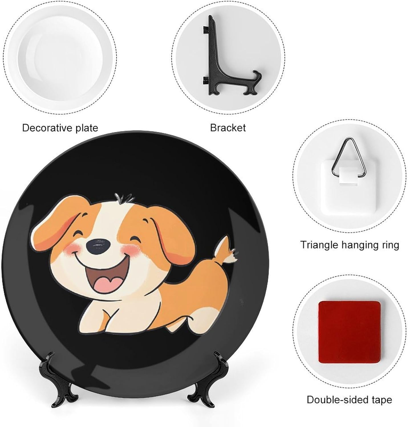 Happy Puppy Dog Decorative Plates for Display Ceramic Plate Tray with Stand Hanger Home Decor