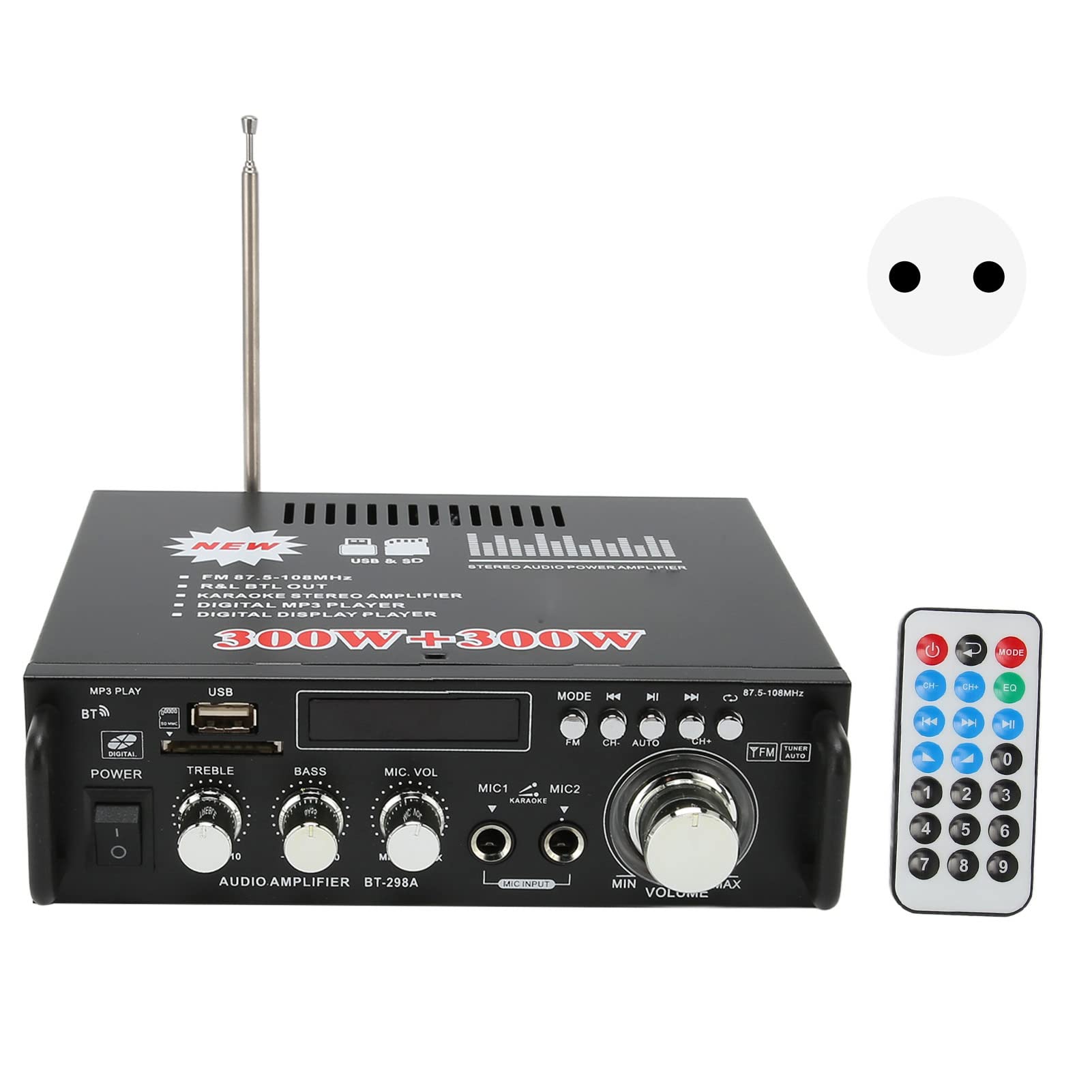 Amplificador de Potencia de Audio Bluetooth, Amplificador de Montaje en Bastidor de Chasis Profesional de 300 W con Ajuste de Graves y Agudos, Retroiluminación LED, Sonido Claro,