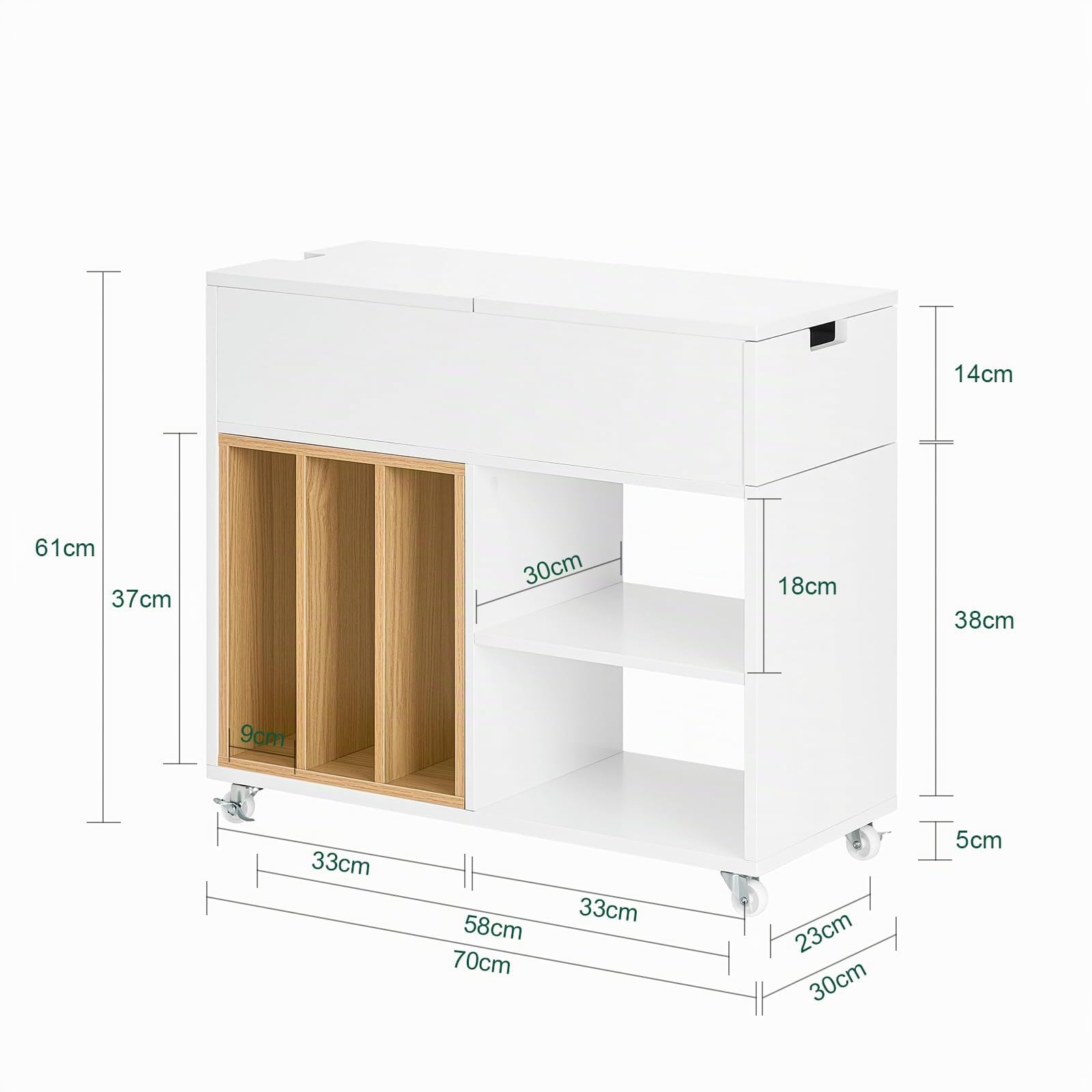 SoBuy Mesa Auxiliar con Ruedas y Tapa Abatible 30x61x70cm | Mesa multifunción para sofá, dormitorio u oficina con cajón y estante extraíble FBT134-W