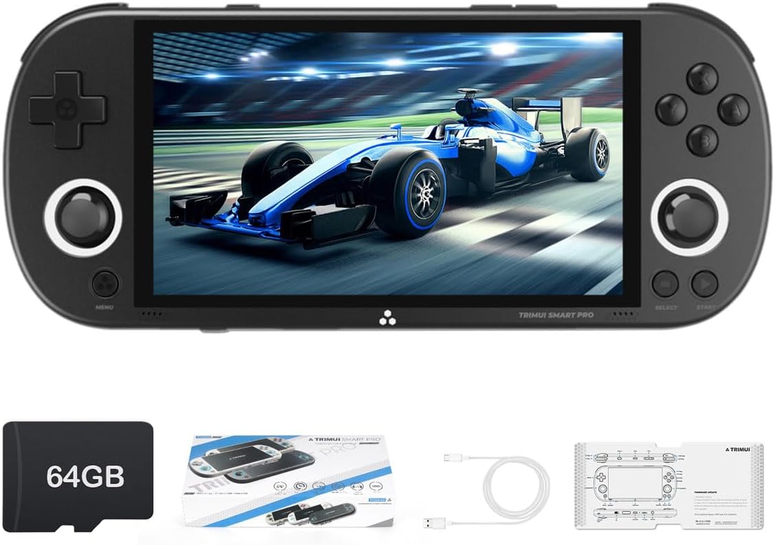 𝗧𝗿𝗶𝗺𝘂𝗶 Smart Pro Game Console 4.96-Inches 720x1280 IPS Screen Built-in 64G TF Card Video Gaming Consoles 5000mAh Lithium Battery Supports Multiple Simulators Casual Game Console-Black