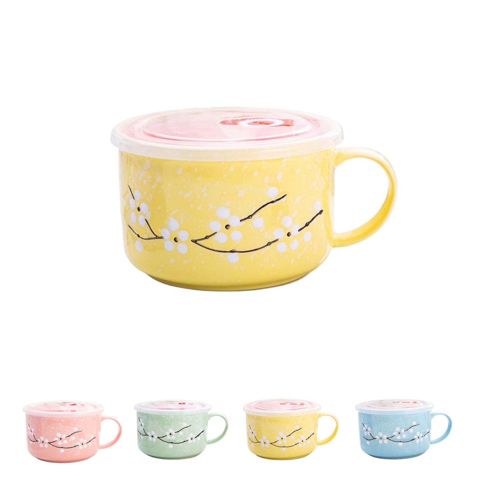 Ceramic Soup Bowl with Lid and Handle | Large 27oz Microwavable Instant Noodle Mug | Heat Preservation Food Container for Oatmeal, Cereal, Ramen & Travel | Leakproof & Dishwasher Safe (Yellow)