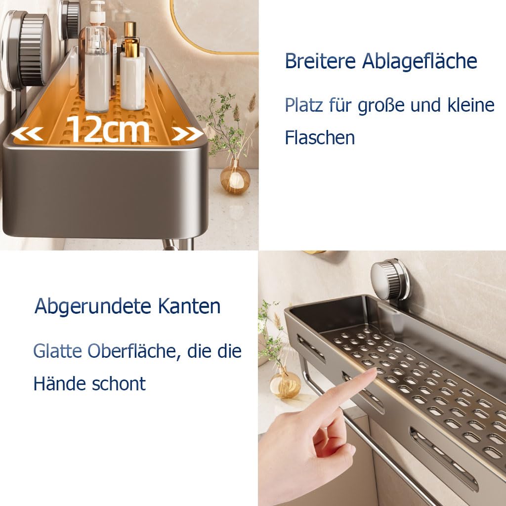 Duschablage Ohne Bohren mit Handtuchständer, Badezimmer Organizer Wandregal mit Haken, Aluminium Duschregal für Waschbecken Küche,2etage,40cm
