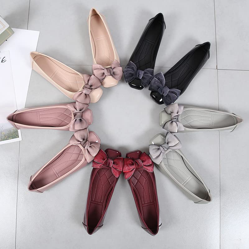 Square Toe Bow Ballet Flats Shoes for Women Comfortable Foldable Dressy Flats Slip On Walking Shoes2