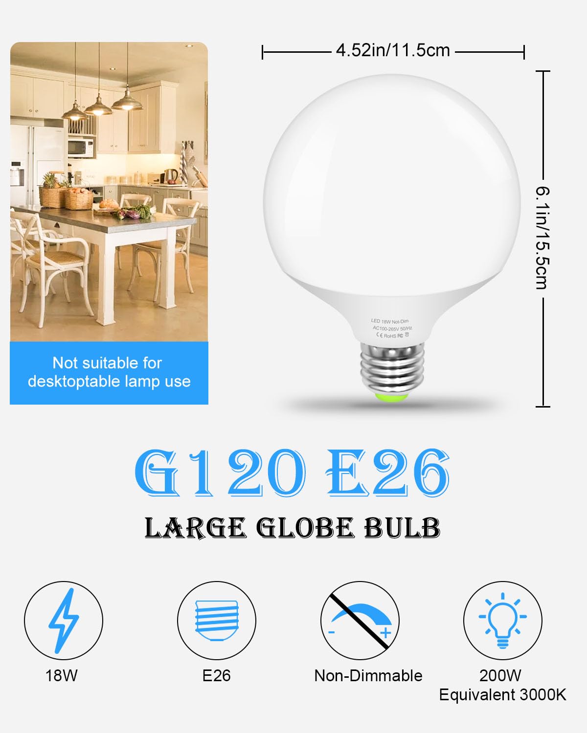 Lampadina a LED, G120, 18 W, equivalente a 200 W, attacco E26, bianco caldo 3000 K, non dimmerabile, 1800 lumen, per cucina e soggiorno
