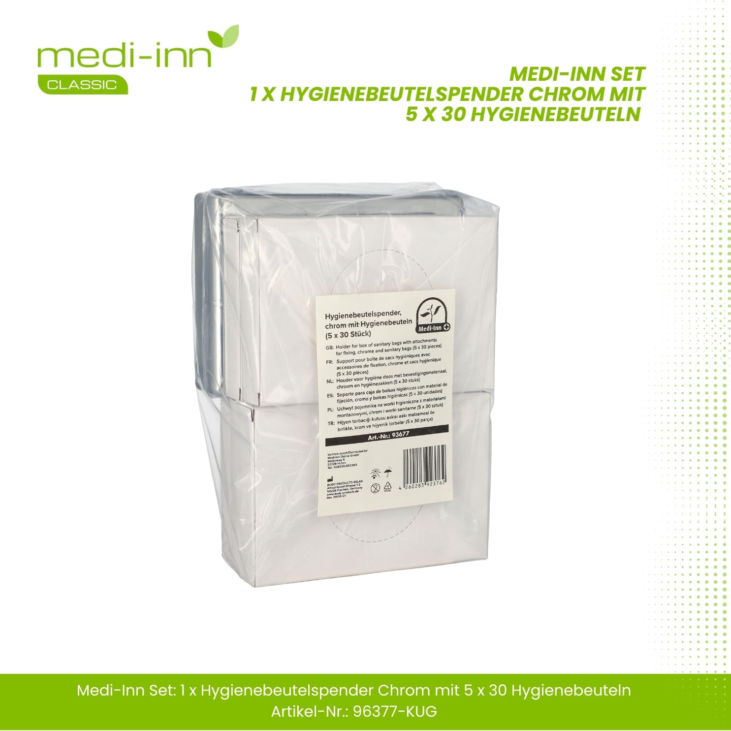 Dispensador Medi-Inn para bolsas higiénicas Dispensador de bolsas higiénicas Caja de bolsas higiénicas (1 caja cromada + 150 bolsas higiénicas)