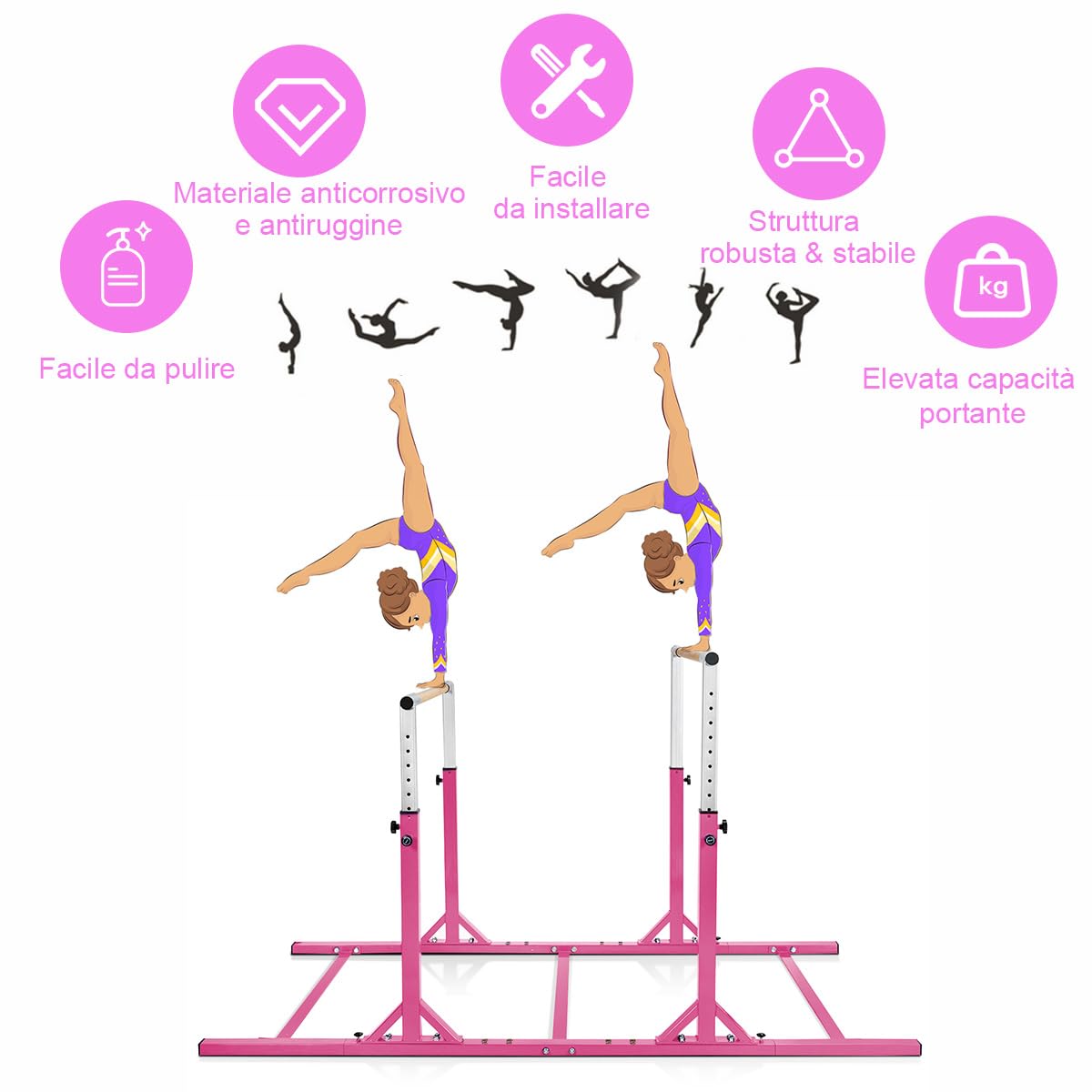 COSTWAY Parallele Doppie per Ginnastica, Sbarre Orizzontali Doppie con Larghezza Regolabile e 11 Altezze, capacità di Carico di 100 kg, Sbarre di Allenamento per Bambini 6-12 Anni