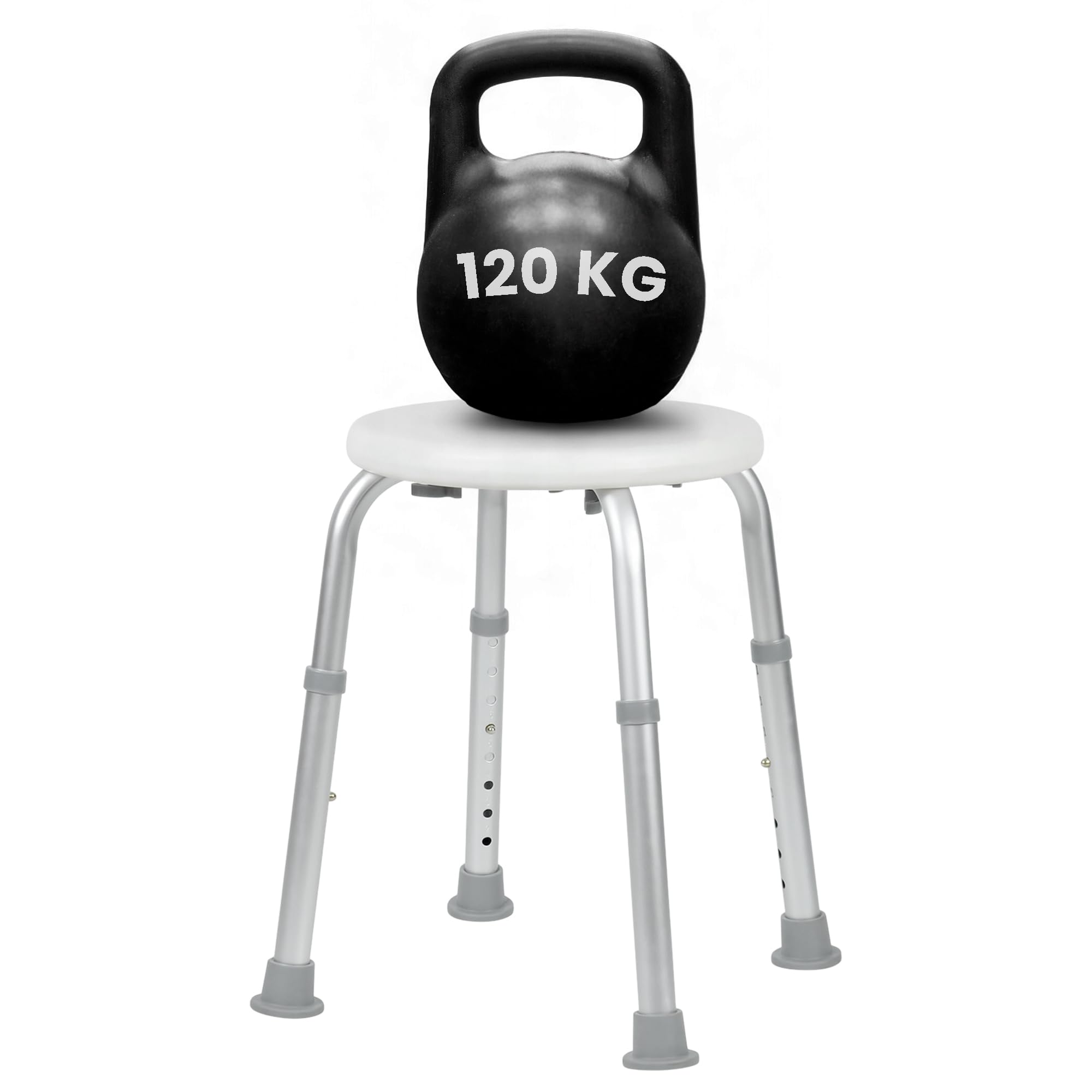 Sgabello Doccia Anziani; Altezza Regolabile, Piedini Antiscivolo, Sgabello da Bagno per Anziani e Disabili, Facile da Montare - Peso Massimo 120 kg - Diametro Seduta 32cm