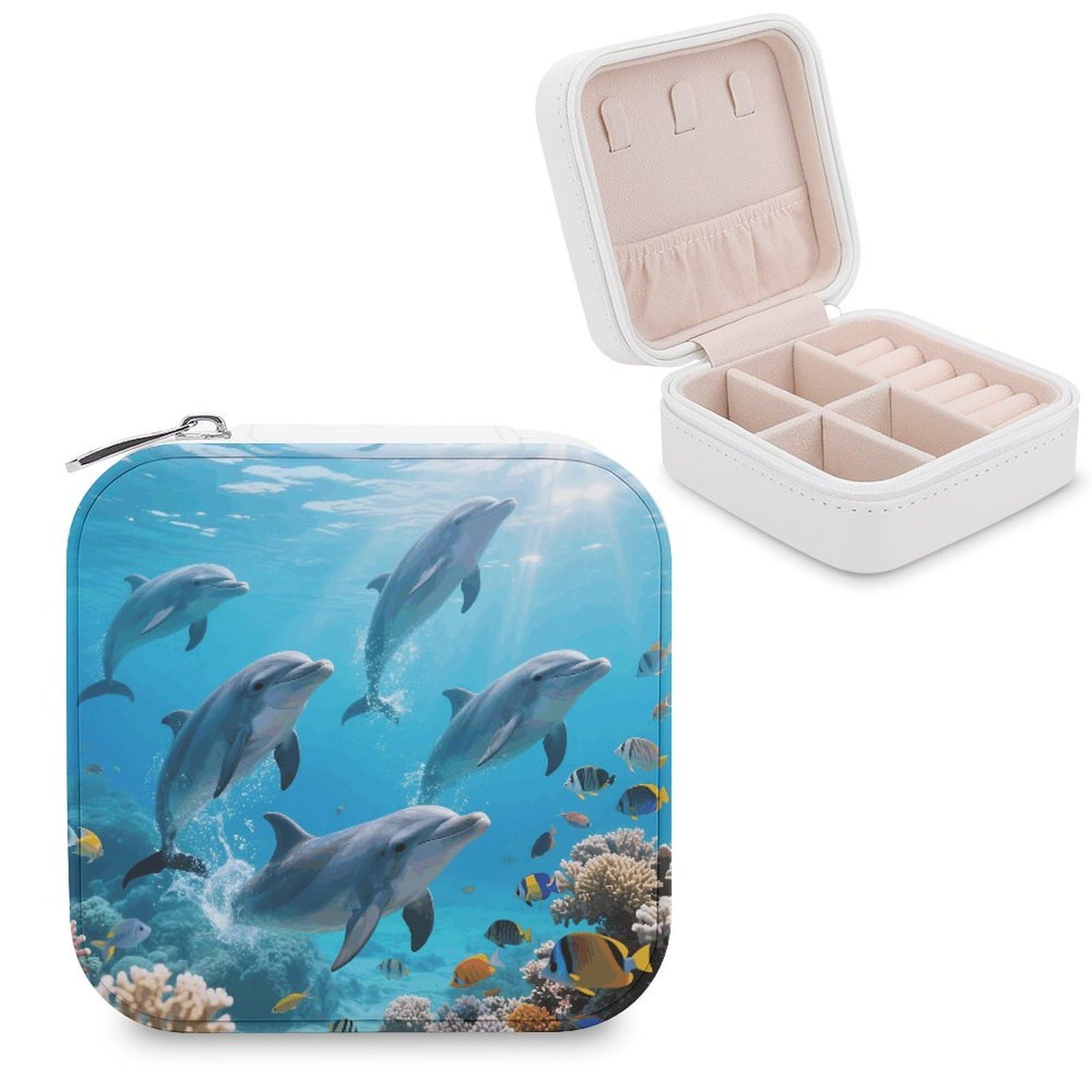 VstaDank Cute Dolphins Jewelry Organizer Travel Case for Women With Zipper Mini Jewelry Case PU Leather Jewelrys Box for Rings Necklaces Bracelets Earring Holder Organizer Storage