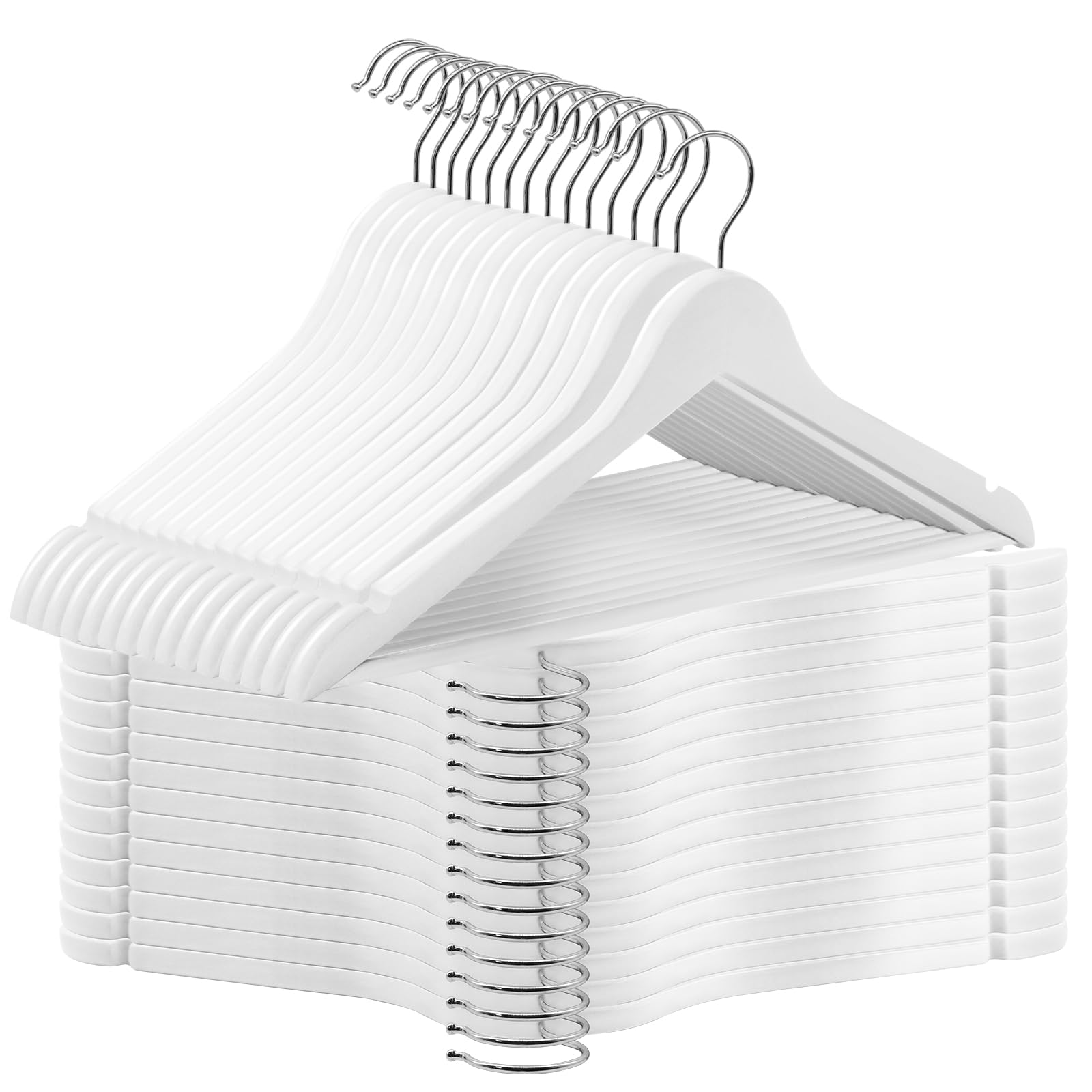 ABHENG Juego de 30 Percha de Madera Maciza, Muescas en Hombros, Robusta y Brillante Percha, Gancho Giratorio 360°, Barra Antideslizante para Pantalones, 44,5 x 23 cm (L x H),Blanco,AWY0330W