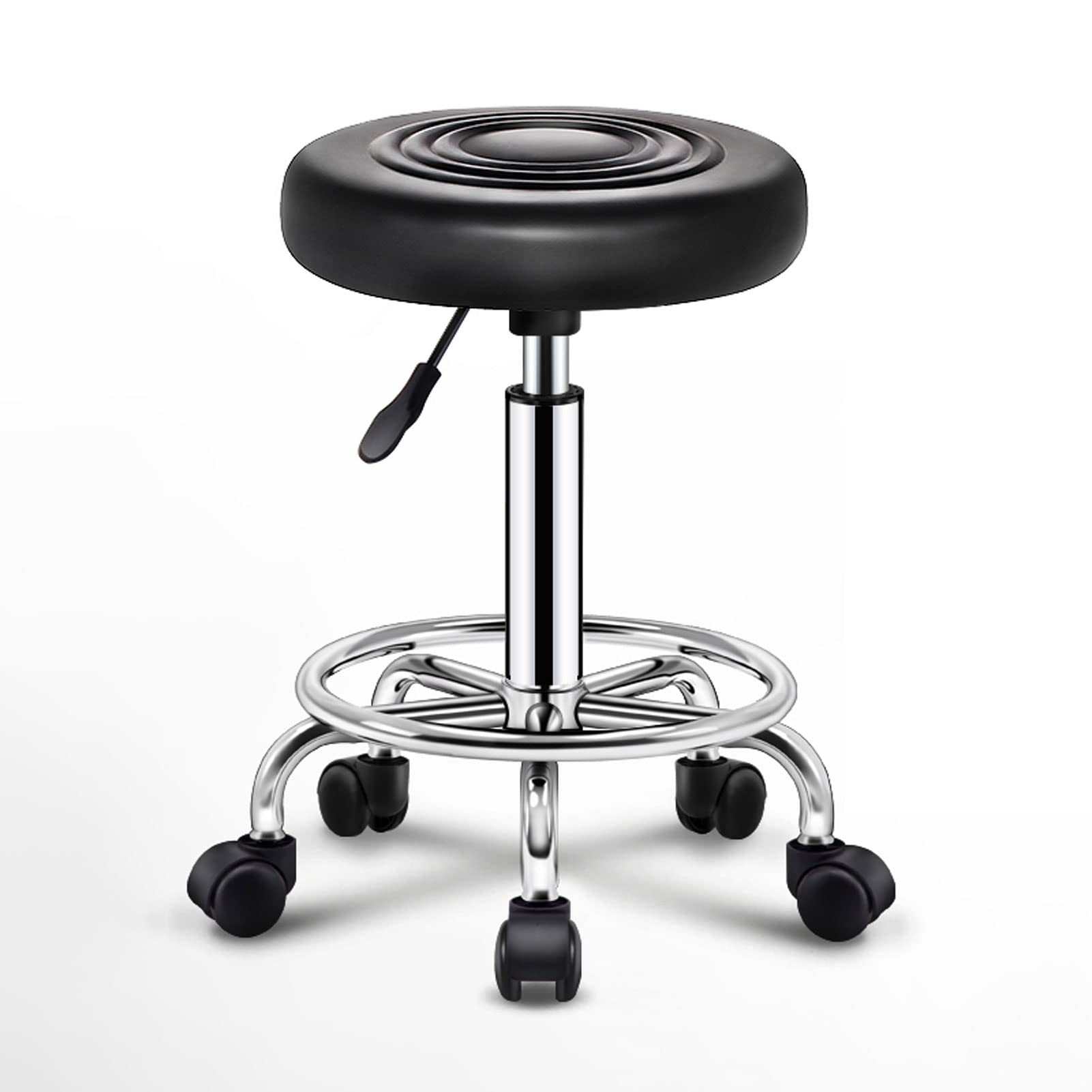 Taburete Redondo con Ruedas Y Reposapiés, Silla De Trabajo De Piel Sintética Ajustable, Silla De SPA para Salón De Tatuajes, Oficina, Taburetes De Masaje.,Black