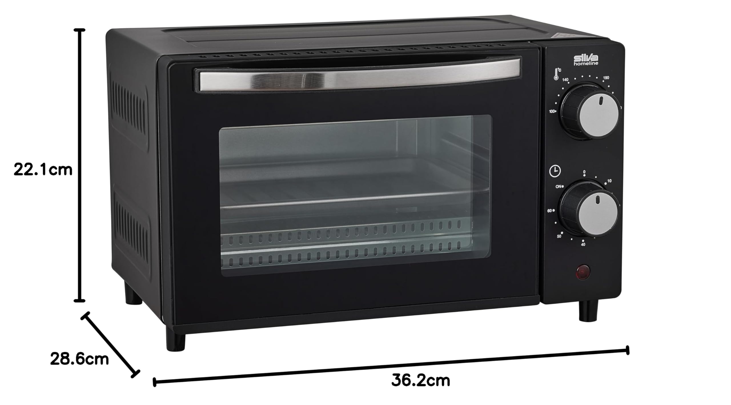 Silva Schneider Mini four MB 1000-10 l - Noir - 650 W - Réglage de la température de 100 à 230 °C - Minuteur avec signal de fin - Radiateur à quartz - Double porte en verre - Avec plat