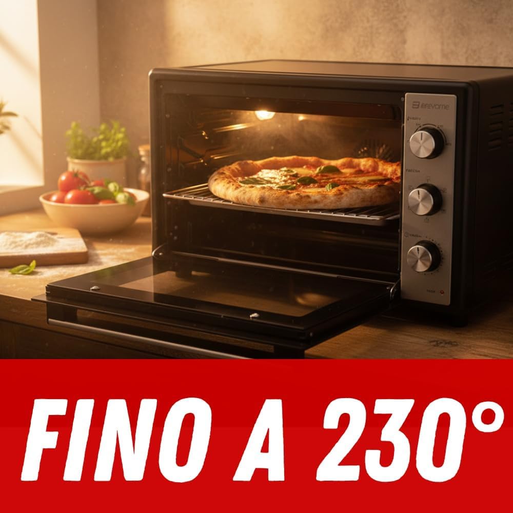 BEHOME Elektrischer Ofen mit Umluft, klein, 48 l, Temperatur bis 230 °, Timer 60 min, elektrischer Tischofen mit Grillrost, Backblech und Grillheber inklusive, antihaftbeschichtet, Doppelglas