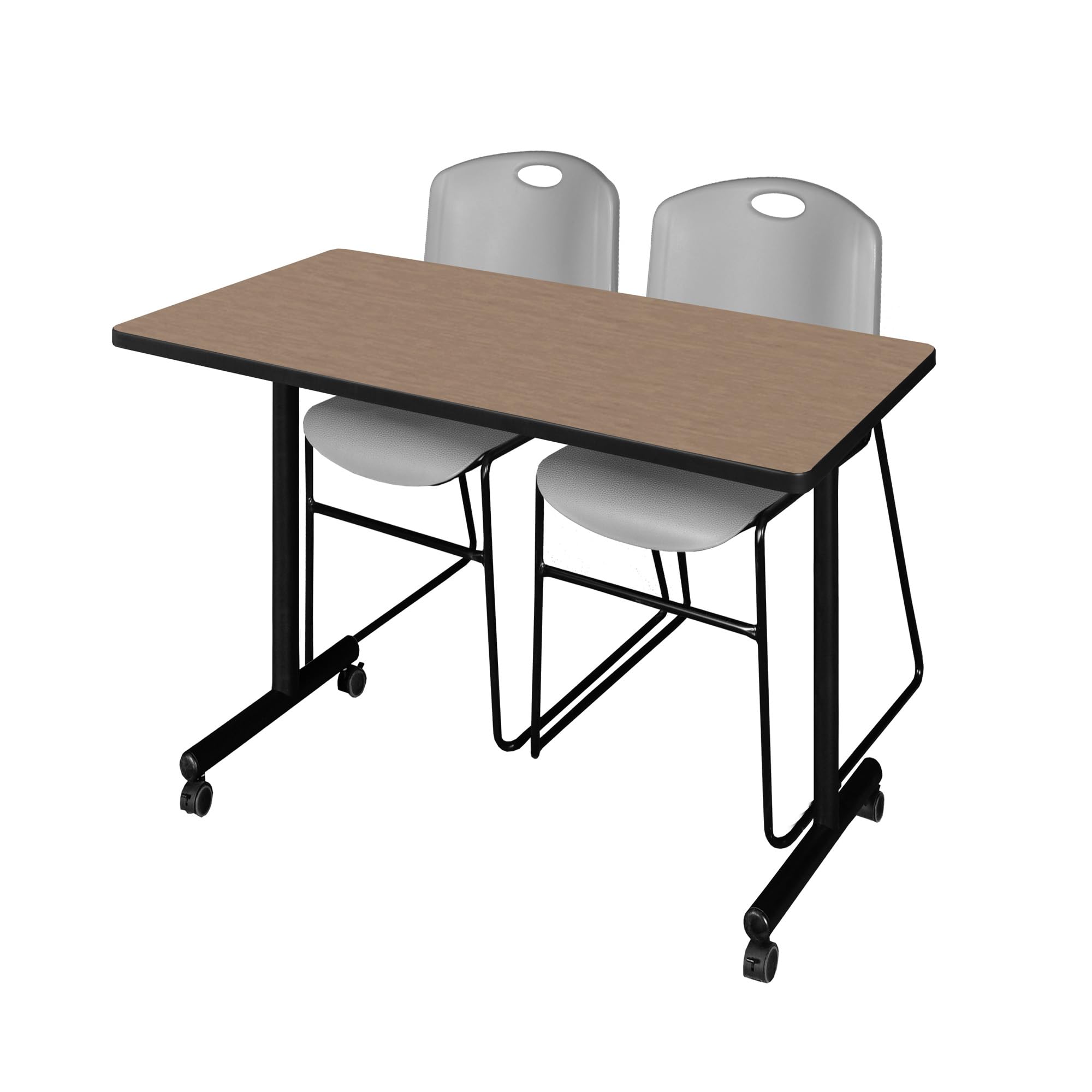 Regency Kobe 48 x 24 in. Mobile T-Base Training Table- Noble Oak, 2 Zeng Stack Chairs- Grey