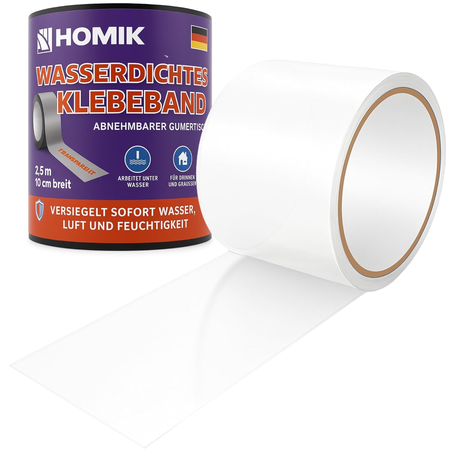 HOMIK Extreem sterk, transparant, waterdicht plakband, 10 cm x 2,5 m, afdichtingstape, reparatietape voor gladde oppervlakken, pvc, kunststof, metaal, uv-bestendig