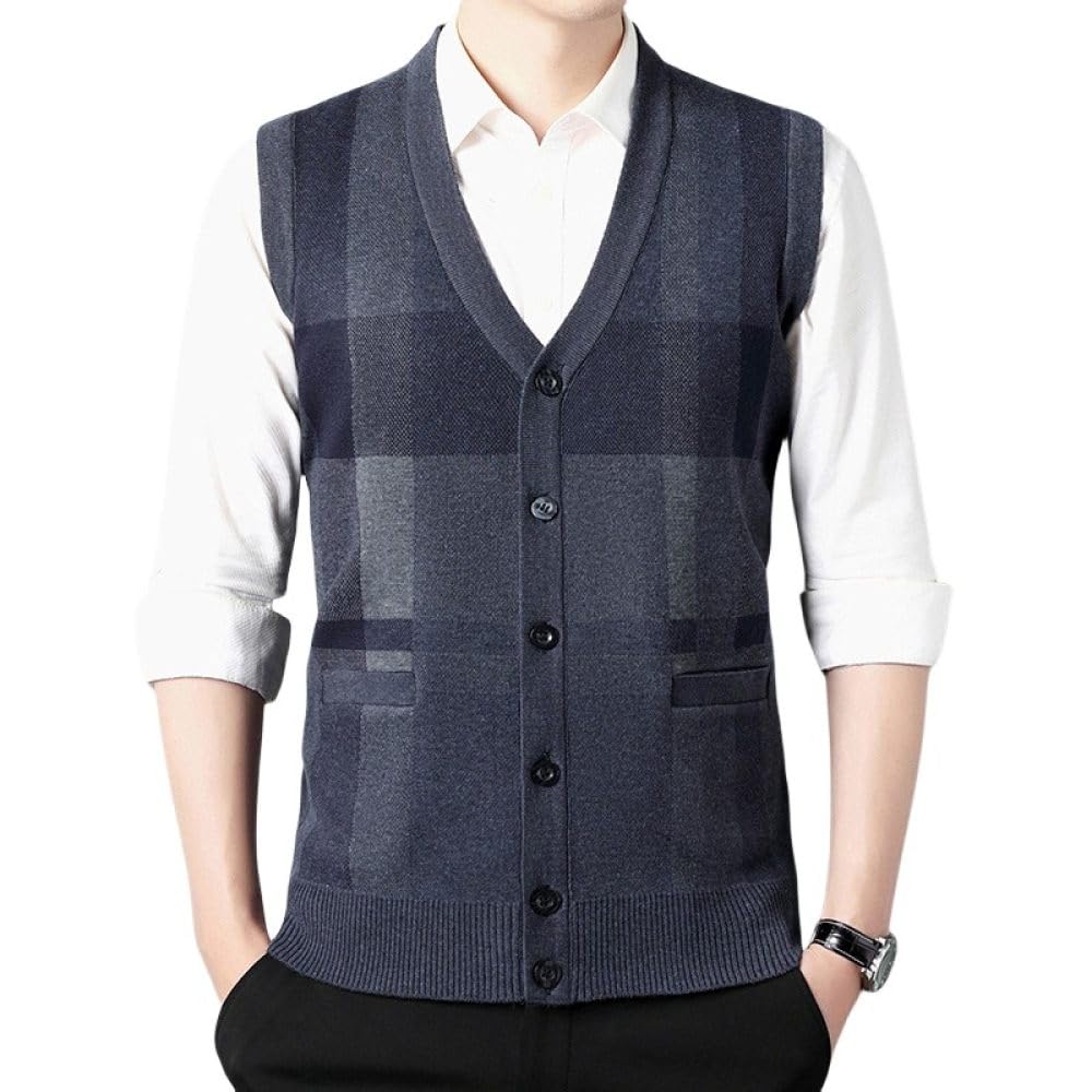 Pullunder Herren Ärmellos,Herren Strickpullover Weste Vintage Kontrast Plaid V-Ausschnitt Ärmellos Knöpfe Strickjacke Weste Klassische Business Strickweste Herbst Winter Warme Strick Tank Tops