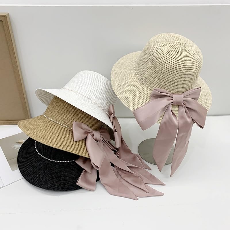 Sombrero de Paja para Mujer,ala Ancha,Plegable,para Playa,con Miniperla y Lazo de Satén,para Viajes,Vacaciones de Verano,Suave,Ligero y Transpirable