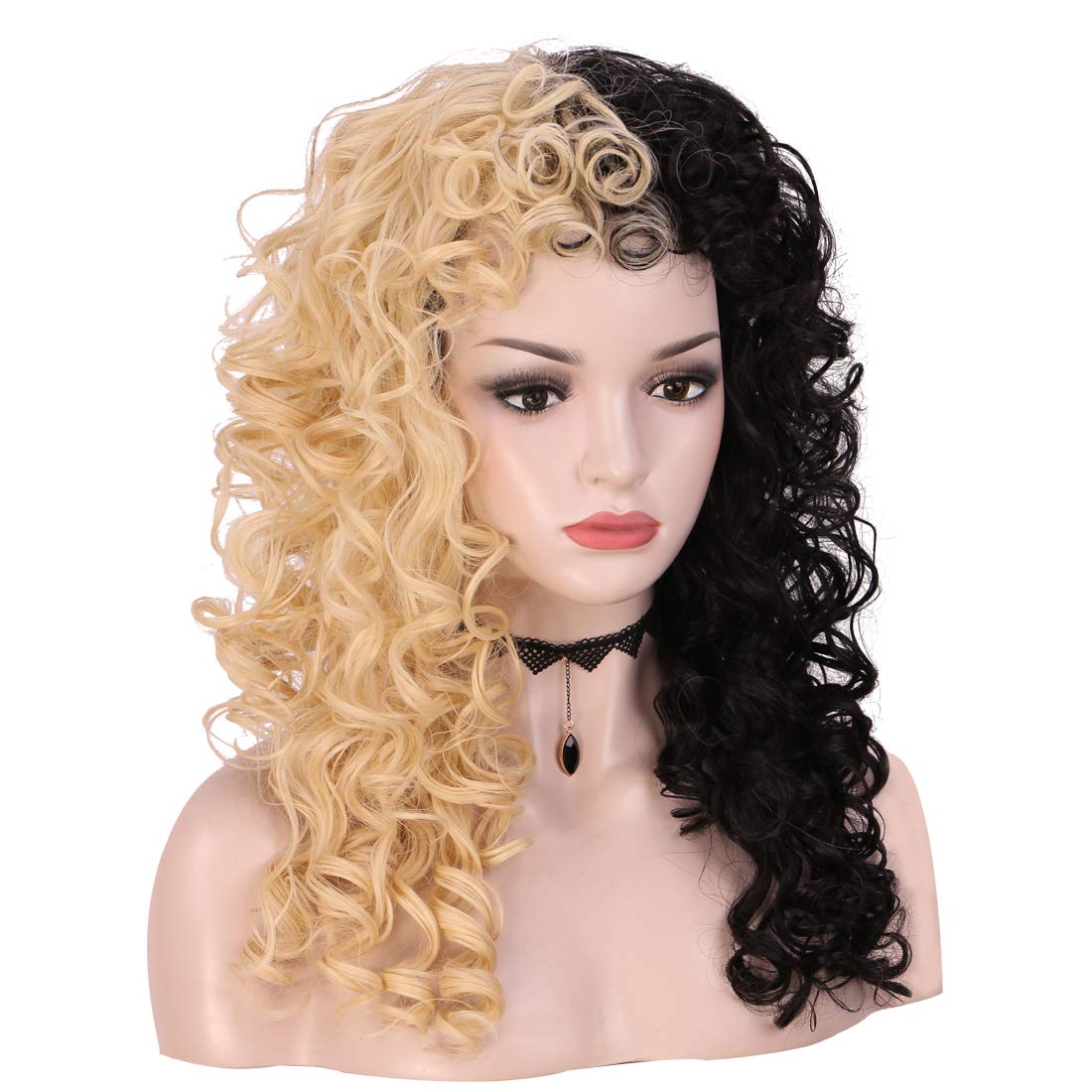 Yilys Long Curly 70s 80s Half Blonde Half Black Wig For Women Halloween Cosplay Wigs