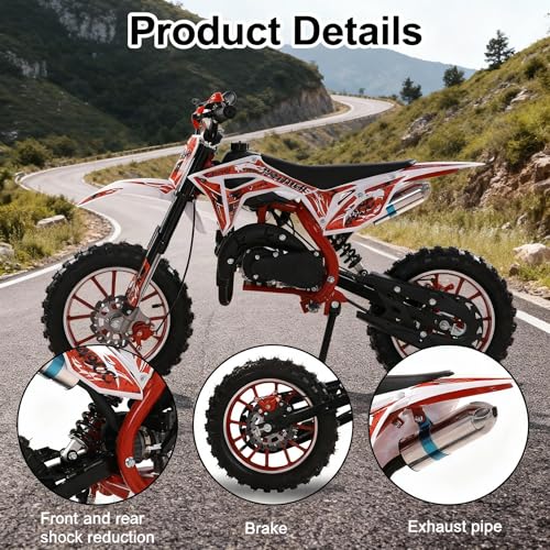 Image of cdar 49cc Kids Dirt Bike, 2-Stroke Gas Power Motocross Off-Road Tires Shock Absorption Springs Soft Seat Cushion Pocket Motorbike with Front Rear Disc Brakes Red