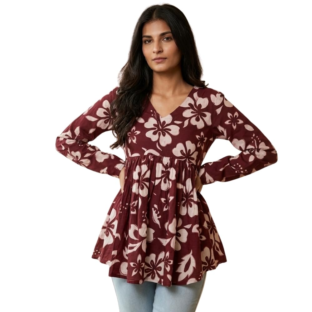 Women's Printed Empire Waist Babydoll Top | Floral Print Tunic Top for Women | Full Sleeve Casual Peplum Top | Soft Cotton Blend-picture-24