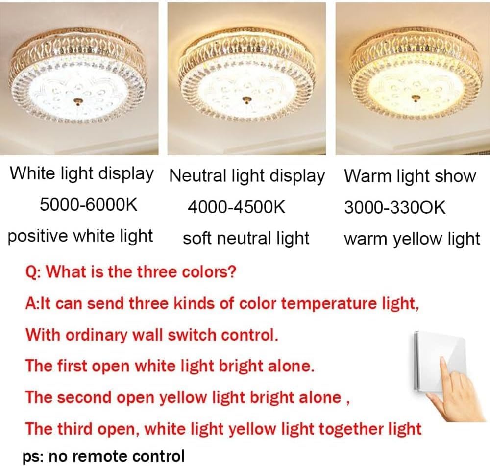 20-calowa złota lampa sufitowa LED z możliwością ściemniania, kryształowy klosz bębnowy, 3CCT (3000K/4000K/5000K), do sypialni i salonu
