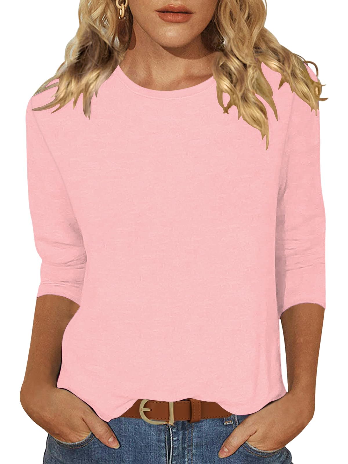 Enqoole T Shirt Damen 3/4 Arm Shirt Locker Rundhals Basic Tshirt Casual Tunika Sommer Einfarbige Blusen