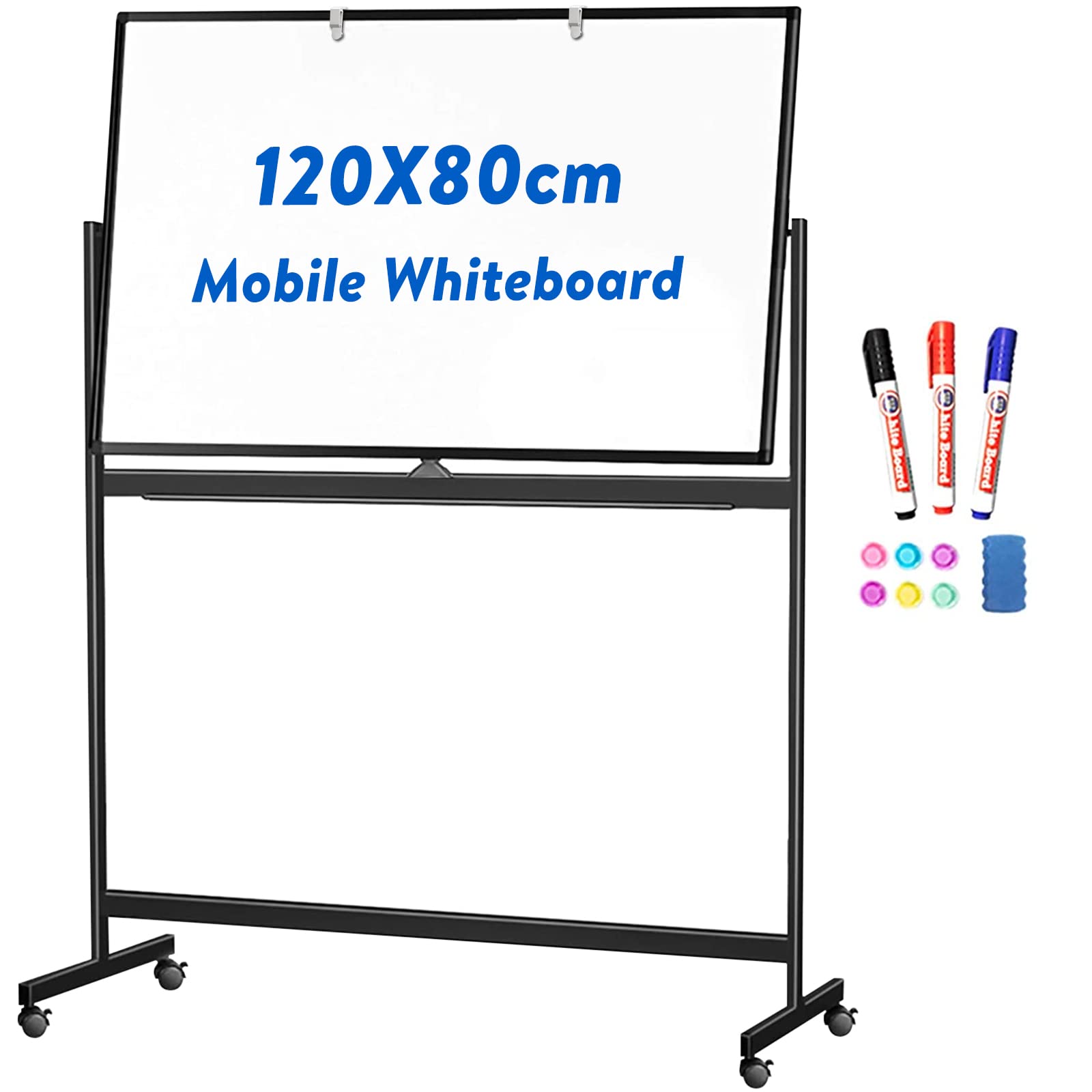 Tableau Blanc Effacable sur Pied 120 x 80 cm, Whiteboard Mobile avec Support, Surface d'écriture Magnétique Double Face, Cadre en Aluminium, Accessoires pour Salle de Classe, Maison, Bureau, Noir