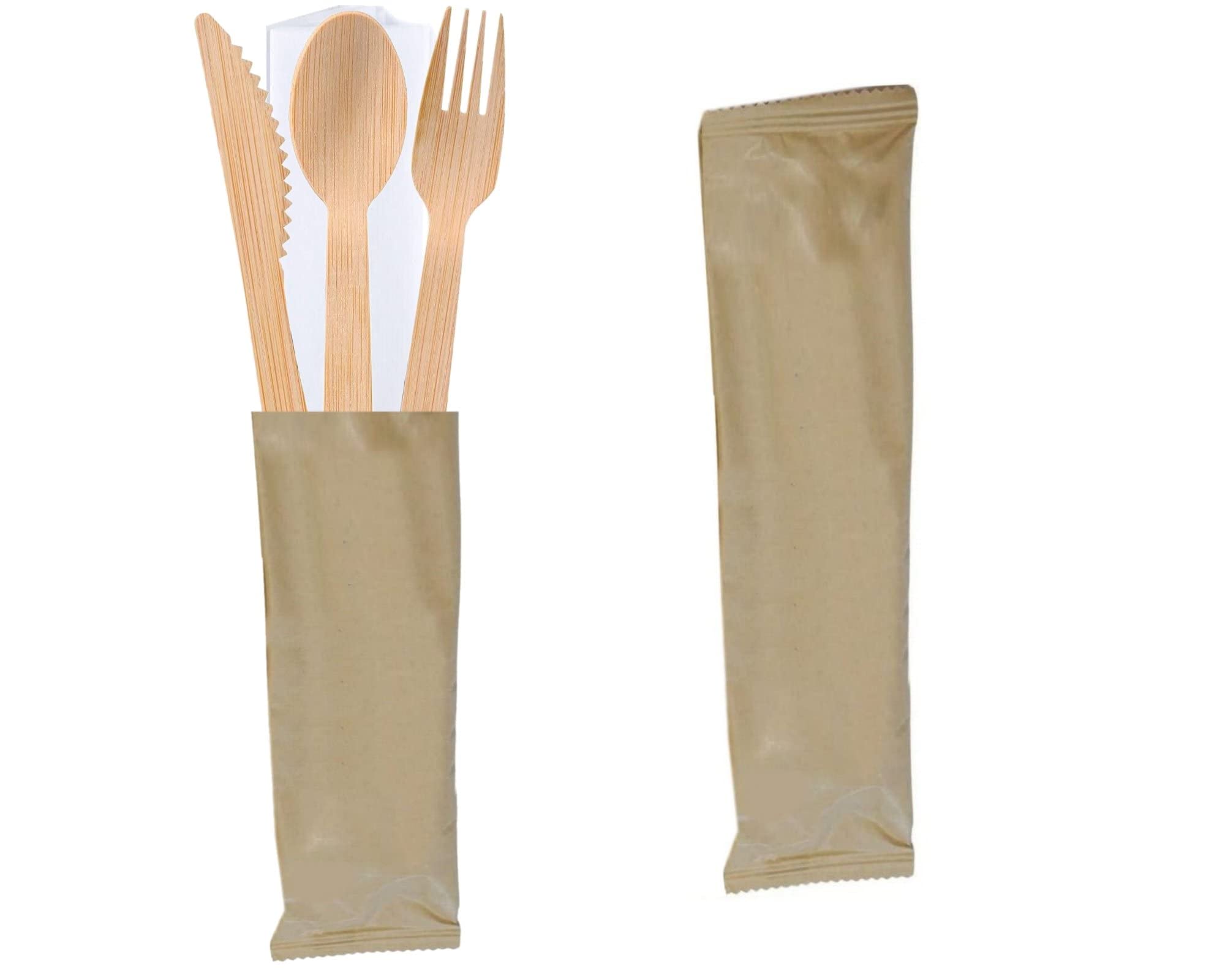 Set di 100 posate compostabili in legno di bambù, confezionate singolarmente, 100 confezioni di cucchiaio, forchetta e coltello, con fazzoletto di carta, biodegradabili