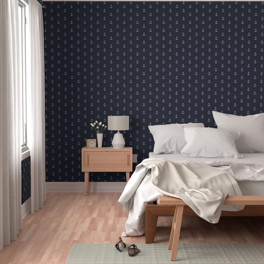 Peel & Stick Wallpaper Swatch - Anchor Navy Sea Sailor Nautical Ivory Blue Ocean Water Boat Custom Removable Wallpaper by Spoonflower