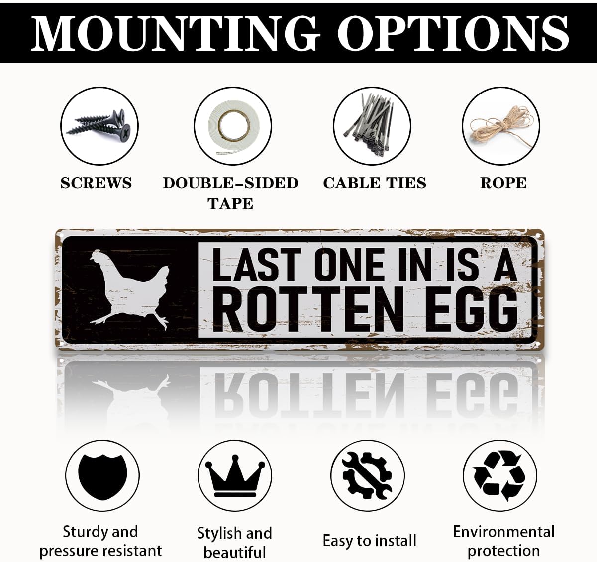 Rustic Farmhouse Style Chicken Coop Sign, Metal Outdoor Chicken House Signs, Last one in is a Rotten Egg, Retro Metal Tin Sign, Farmhouse Decor, Backyard Hen House Gift 15.8x4 Inch