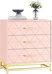 GarveeHome Wooden Dresser for Bedroom, Dressers & Chest of Drawers with 3 Drawer, Wood nightstand for Storage and Organization (Pink)