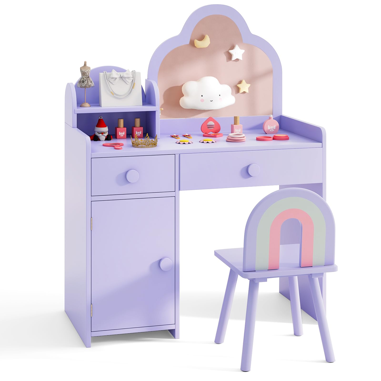 Costzon Kids Vanity, 2 in 1 Girls Vanity Set with Mirror, Drawers, Storage Shelf & Cabinet, Toddler Makeup Desk Dressing Table, Pretend Play Kids Vanity Table and Chair Set for Little Girls (Violet)