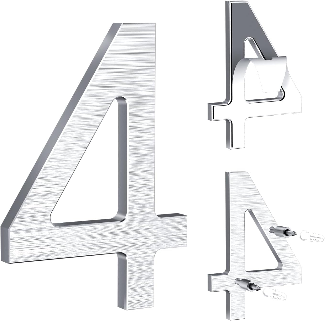 Door Numbers, 5 inch/12.5cm Self Adhesive House Numbers,Adhesive or Screw Mount,3D Mailbox Numbers Waterproof,Metal Aluminum Alloy Address Numbers for House Mailbox Apartment Hotel Courtyard,Silver(4) — image 1