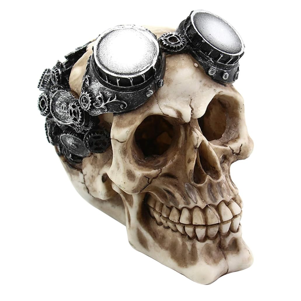 PorgeelAquarium Decor Resin Skull Artificial Head Skeleton Skull Ornaments, Steampunk Pilot Robotic Skull Statue, Skeleton Fish Cave Hideout Reptile Houses Halloween with Gearwork Mechanism