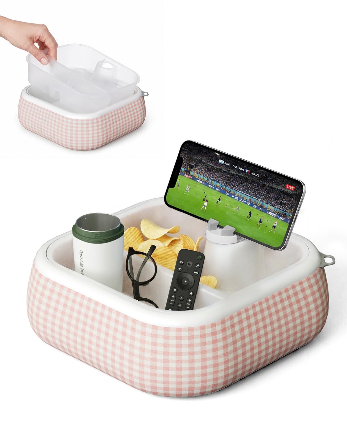 Viozon Couch-Getränkehalter mit Handy-Ständer, für 10,2–11,9 cm große Geräte, schwimmende Badewanne und Pool-Caddy, EPP-Schaum-Sofa-Armablage, abnehmbarer Snack- und Getränke-Organizer, wasserdichtes