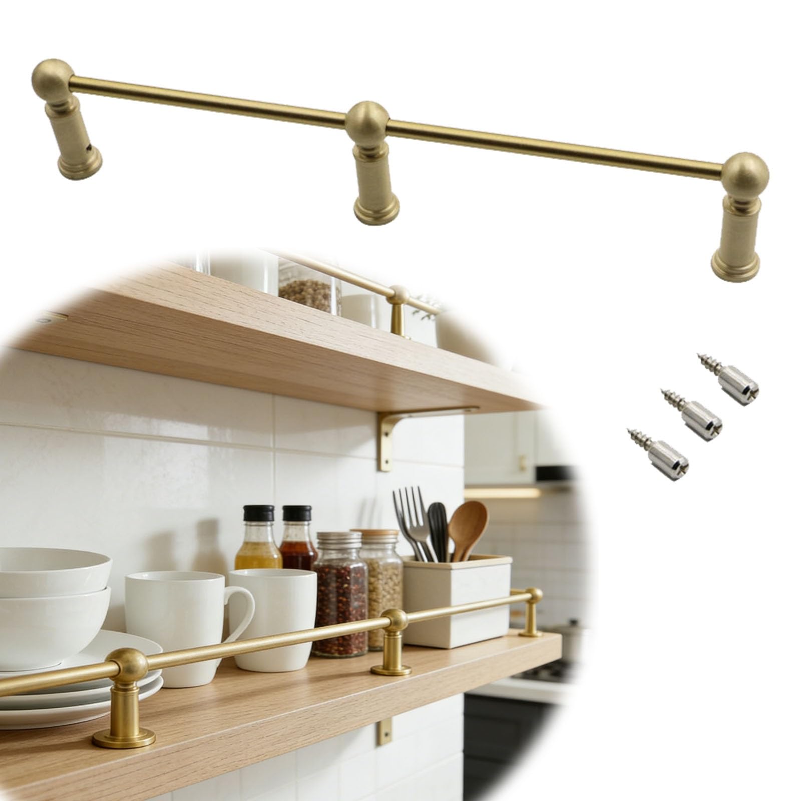 SaryEdge Customizable Solid Brass Shelf Guard Rail - Elegant Tipping Prevention Rod for Kitchen Bookshelves Cabinets & Display Shelves,Style B-28in/71cm,Style B-28in/71cm