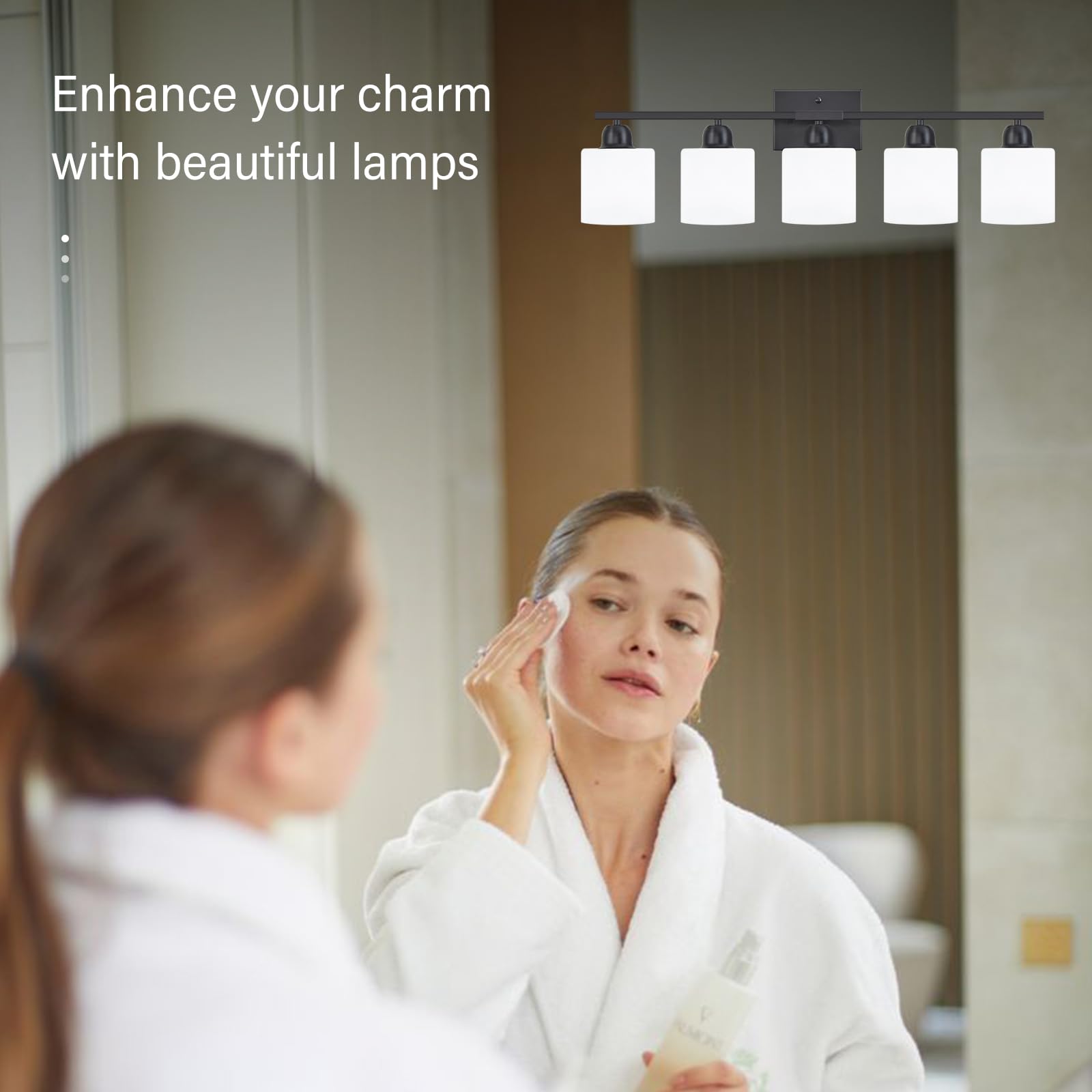 5-flammige schwarze Badezimmer-Schminkleuchte, schwarze Schminkleuchte mit milchig weißen Milchglas-Schattierungen, moderne Waschtischleuchte für Badezimmerspiegel, Schlafzimmer, Wohnzimmer, Flur