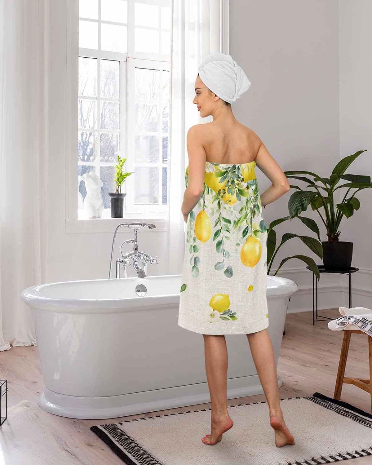 着るバスタオル 果物 レモン 花 田園 ベージュ色 ラップタオル 落ちない 着れる ズレない 吸水 ボタン付き 速乾 毛羽落ちない