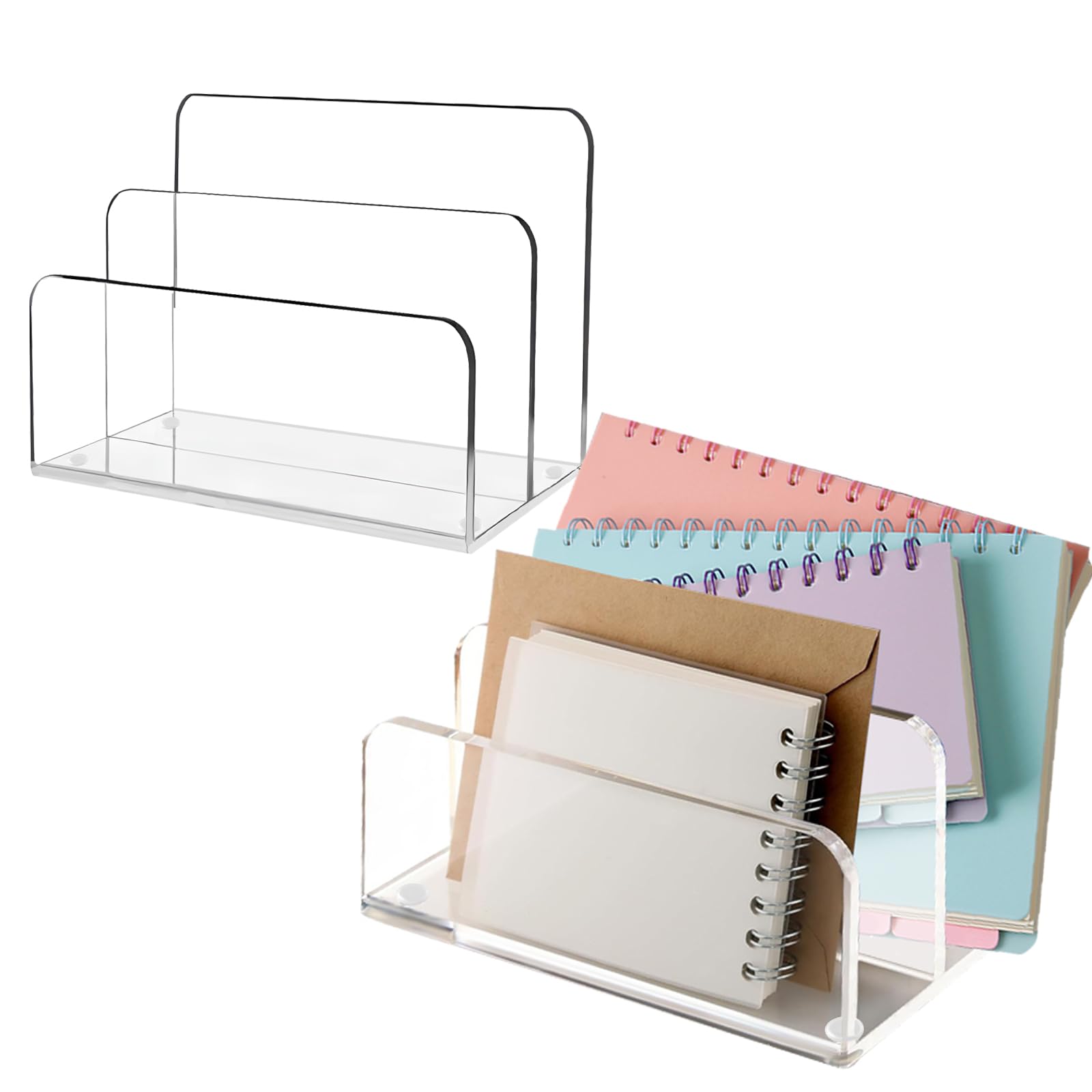 Modixun 2 Pack Mail Organizer for Desk, 2 Section Clear Acrylic Mail Holder Letter Sorter Countertop, Vertical Modern Desktop File Organizer for Home Office Envelope Document