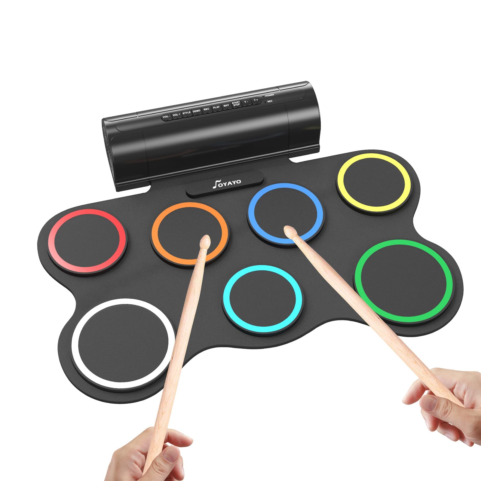Schlagzeug Elektronisch, 7 Pads Faltbares Elektronisches Schlagzeug mit Drumsticks und Dual Speakers, Farbe Tragrbares Elektrische Drum set für Kinder, Anfänger Geburtstag und Geschenk