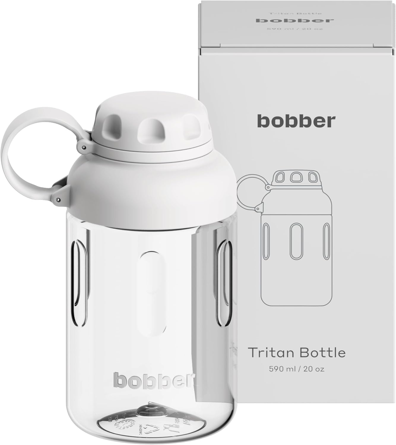 BOBBER 20 oz Tritan Water Bottle with Wide Mouth, Spout Lid and Fruit Filter — Dishwasher Safe Clear Water Bottle, BPA Free — Leak-Proof Clear Water Bottle with Strap for Camping, Office Work (Grey)
