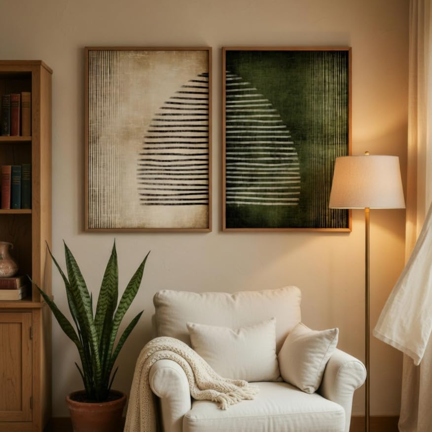Image of Livin'luxe Modern Abstract Geometric Wall Painting Set of 2 with Wooden color Frames | Minimalist Line Art HD Sparkle Laminated MDF Wall Decor | Contemporary Abstract Wall Art for Living Room Bedroom