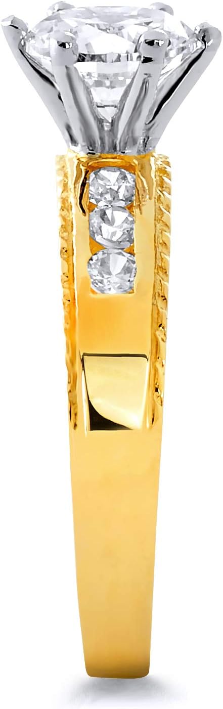 Wellingsale Ladies Solid 14k Two 2 Tone White and Yellow Gold Polished CZ Cubic Zirconia Round Cut Engagement Ring and Cross Wedding Band Bridal Set