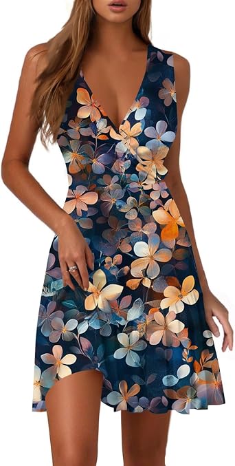 Womens V Neck Sexy Sleeveless Floral Midi Beach Dress for Women Elegant Tank Loose Boho Summer Sundress
