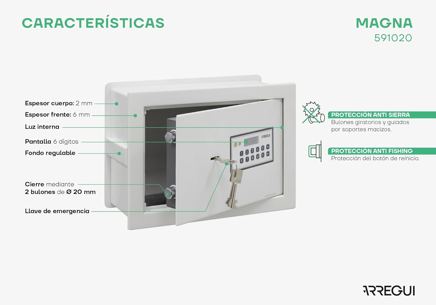 ARREGUI Magna 591020 Built-in Safe with Code and Key, Double Security with Extendable Base for Money, Electronic Wall Safe for Home or Office, 26 x 36 x 15-25 cm, 14-23 L