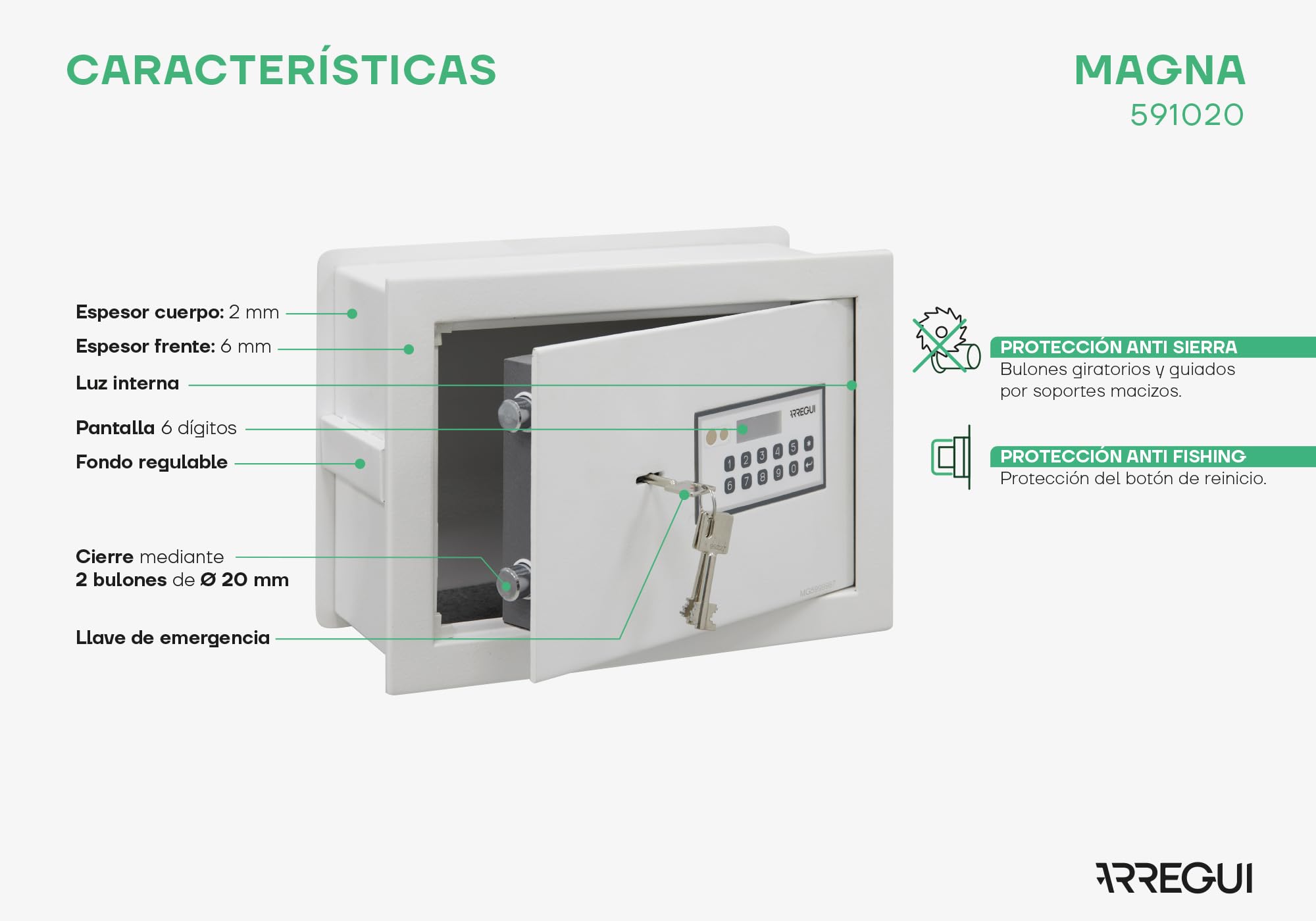 ARREGUI Magna 591020 Wbudowany sejf z kodem i kluczem | Podwójny sejf z wysuwanym dnem na pieniądze | Elektroniczny sejf ścienny do domu lub biura | 26x36x15-25 cm | 14-23L