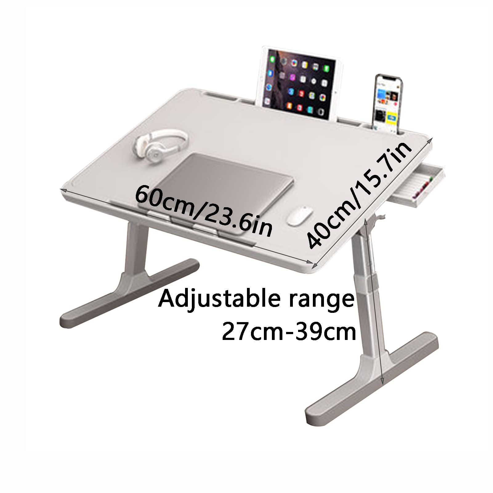 Przenośny stół z tacą na laptopa, podstawka pod laptopa z regulacją kąta z szufladą i uchwytem na karty, przenośne biurko na laptopa do czytania Stojak na notebooka ze składanymi nogami (dł. 60 cm, 3