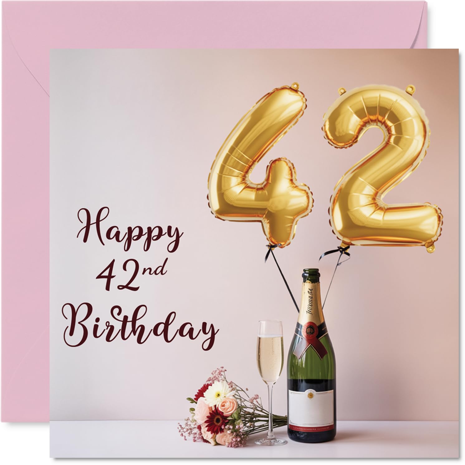 42nd Birthday Cards for Women and Men, Balloons & A Bottle of Bubbly