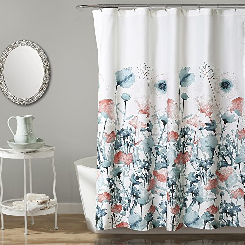 Lush Decor Zuri Flora Shower Curtain Single 72' W x 72' L Blue & Coral - Floral Shower Curtains for Bathroom - Blue Bathroom Curtain - Cottage Decor