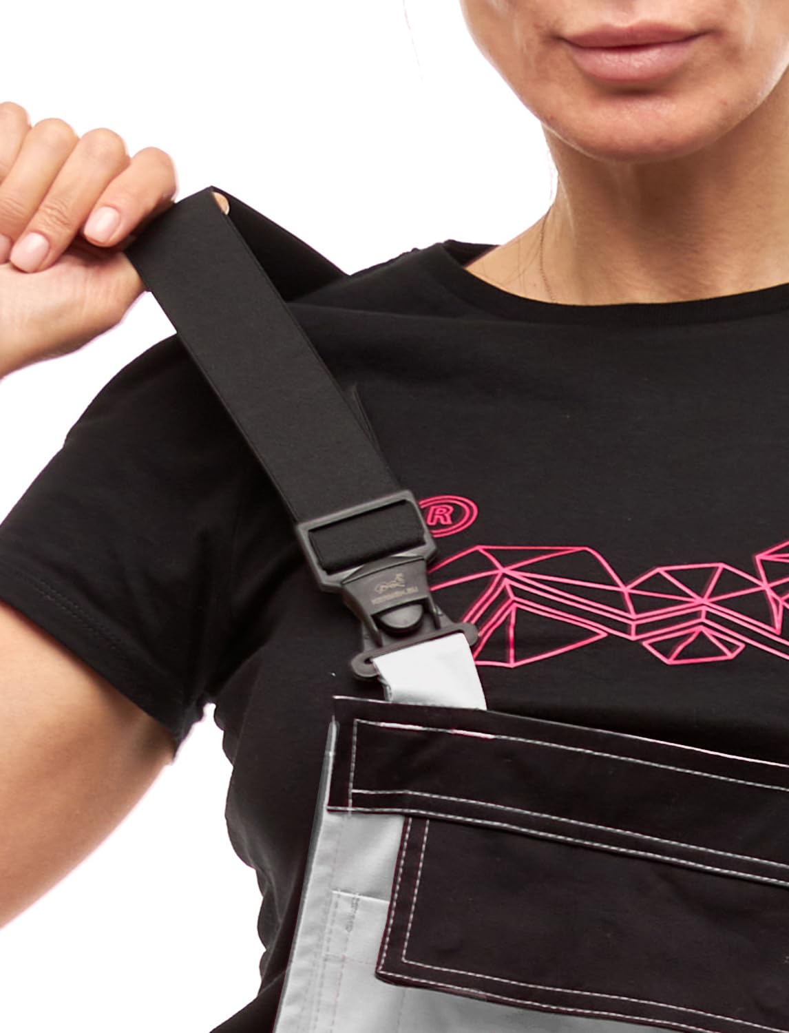 strongAnt Salopette da lavoro da donna Elasticizzata Berlin. Salopette combinati - Pantaloni magazzino giardiniere, tasca per ginocchiere - Nero Bianco Rosa